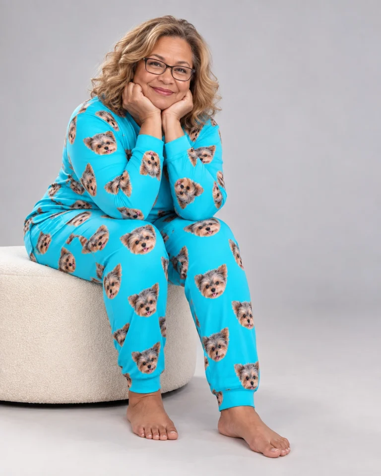 Woman sitting in holiday pajamas covered in Yorkshire terrier faces — MyDogPics