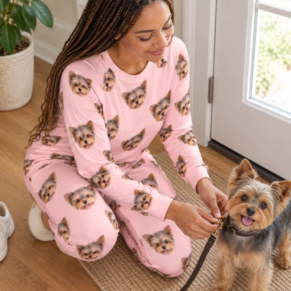 Woman in holiday pajamas with her Yorkshire terrier — MyDogPics