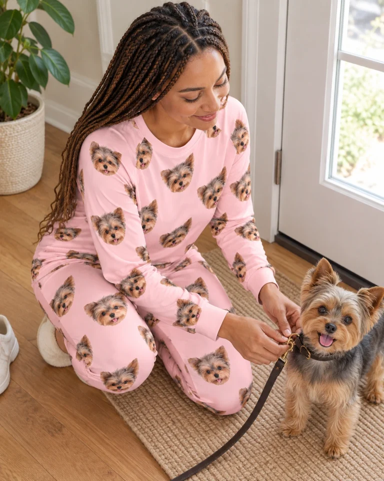 Woman in holiday pajamas with her Yorkshire terrier — MyDogPics