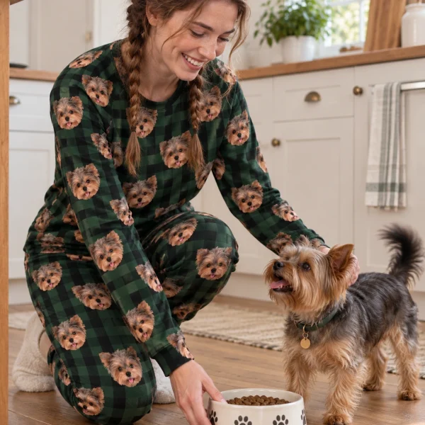 Woman in holiday pajamas with her Yorkshire terrier — MyDogPics