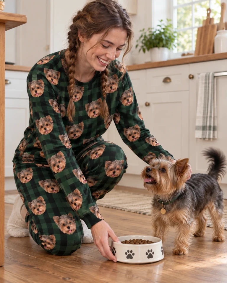 Woman in holiday pajamas with her Yorkshire terrier — MyDogPics