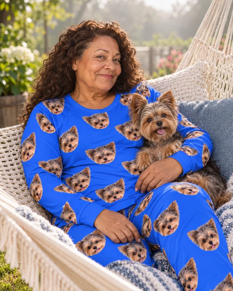 Woman in holiday pajamas with her Yorkshire terrier — MyDogPics