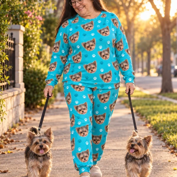 Woman in holiday pajamas with her Yorkshire terrier — MyDogPics