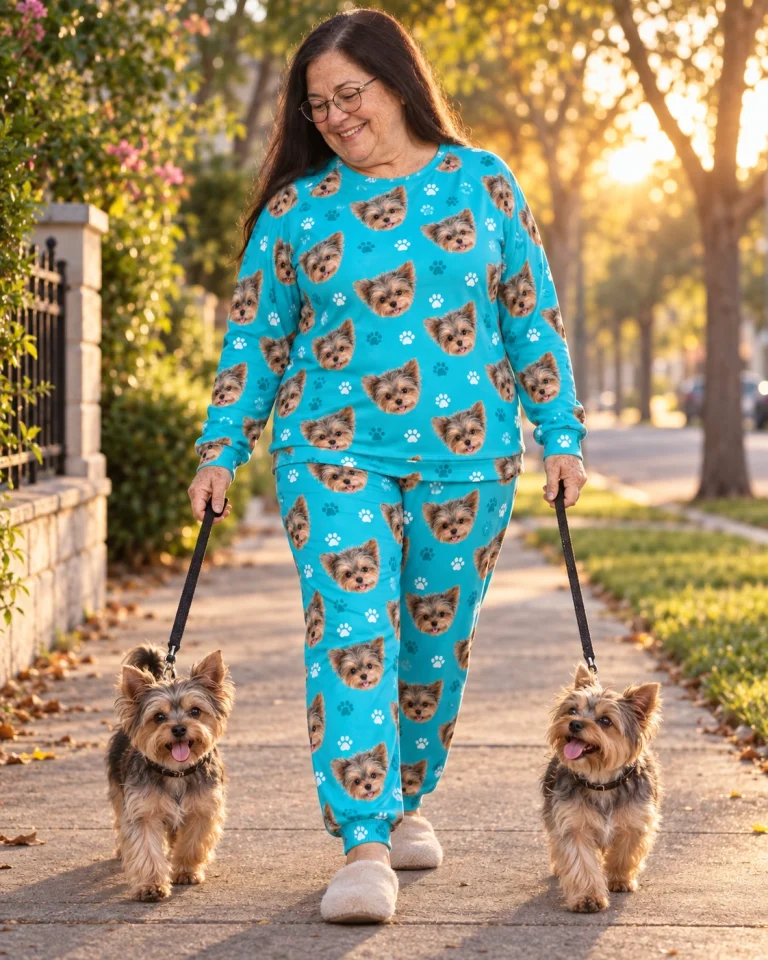 Woman in holiday pajamas with her Yorkshire terrier — MyDogPics