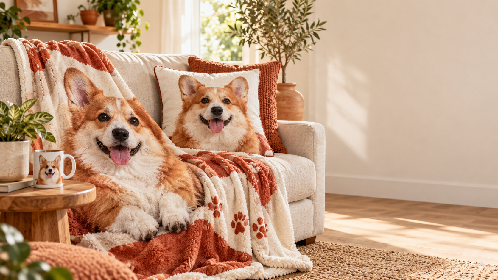 Golden retriever backlit at a window, homepage hero for MyDogPics dog photo gifts