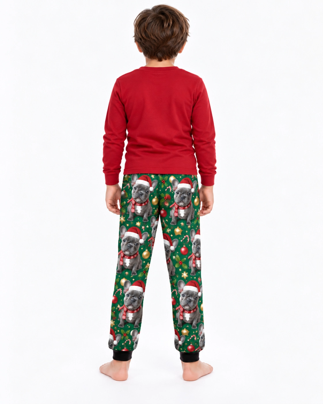 Kids Christmas Pajama Pants – Back View | MyDogPics Back view of kids Christmas pajama pants: the print continues all the way round — MyDogPics