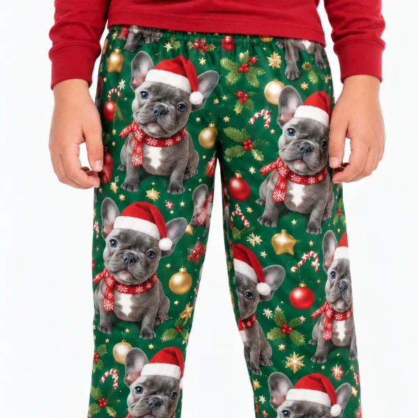 Close-up of the kids Christmas pajama pants print with French bulldog faces in Santa hats and scarves — MyDogPics