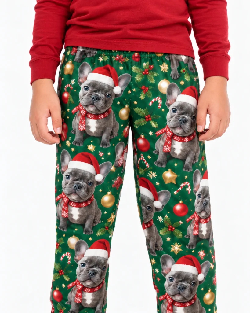 Close-up of the kids Christmas pajama pants print with French bulldog faces in Santa hats and scarves — MyDogPics