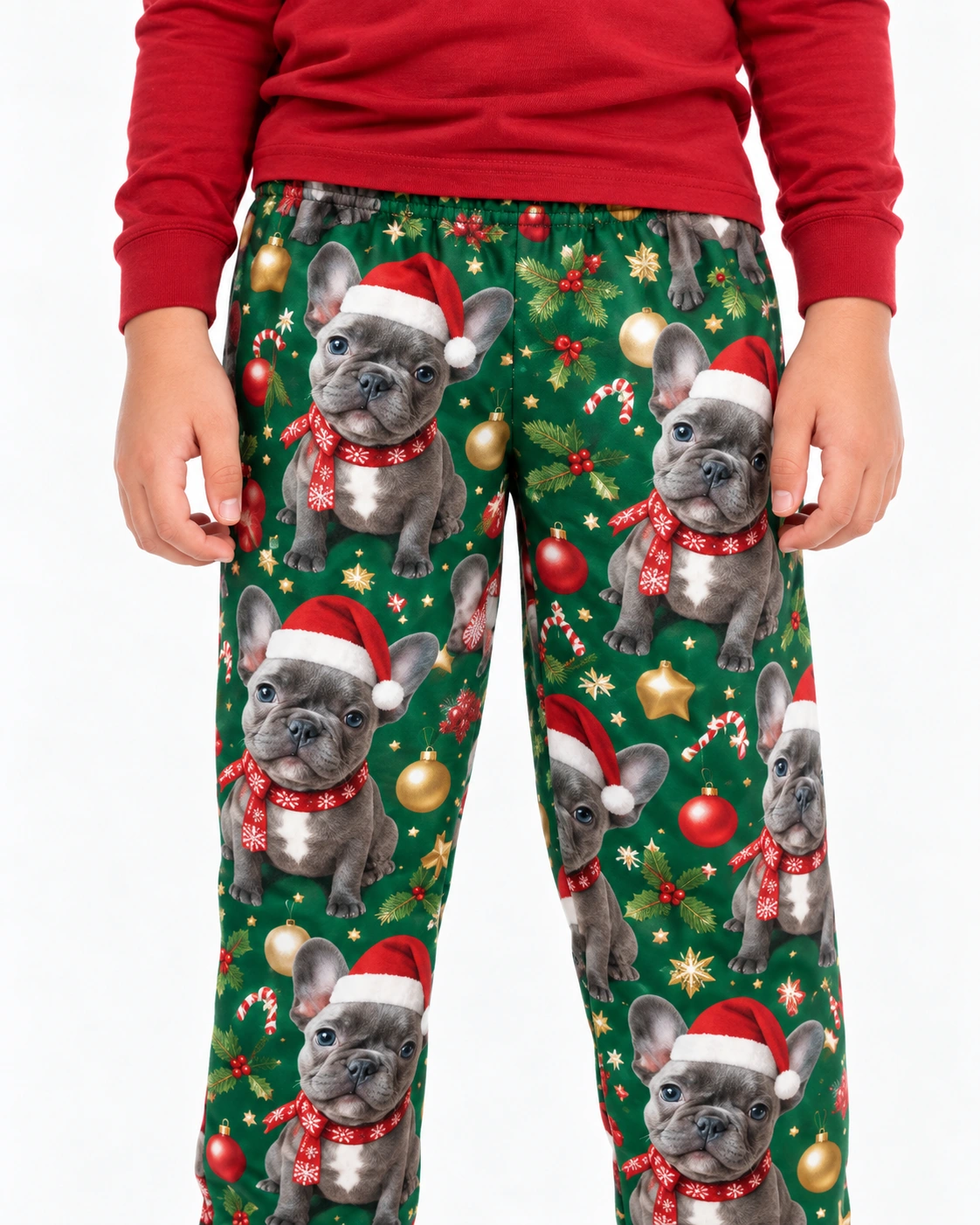 Kids Christmas Pajama Pants – Print Close-Up | MyDogPics Close-up of the kids Christmas pajama pants print with French bulldog faces in Santa hats and scarves — MyDogPics