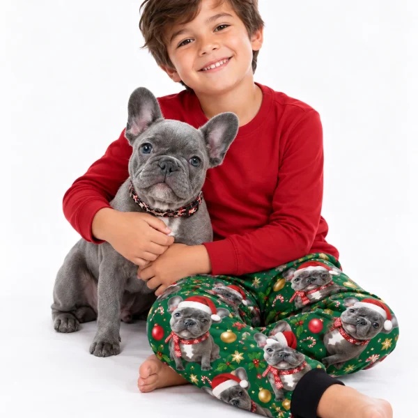 Boy in kids Christmas pajama pants cuddling his French bulldog — MyDogPics
