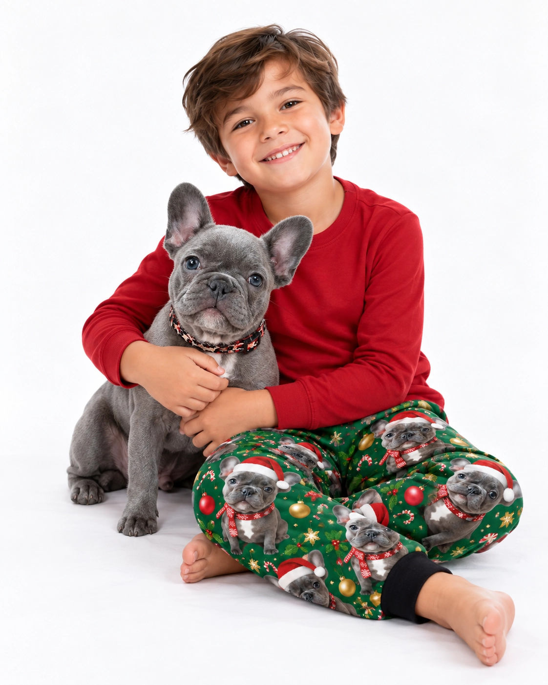 Kids Christmas Pajama Pants – Cuddling Dog | MyDogPics Boy in kids Christmas pajama pants cuddling his French bulldog — MyDogPics