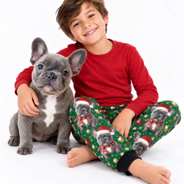 Boy in kids Christmas pajama pants cuddling his French bulldog — MyDogPics