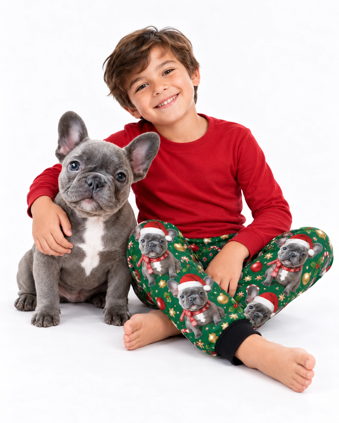 Kids Christmas Pajama Pants – Cuddling Dog | MyDogPics Boy in kids Christmas pajama pants cuddling his French bulldog — MyDogPics