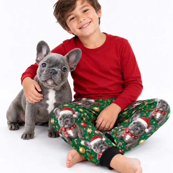 Boy in kids Christmas pajama pants cuddling his French bulldog — MyDogPics