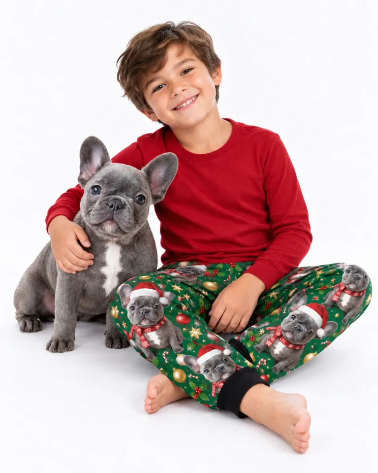 Boy in Christmas pajama pants printed with French bulldog faces in Santa hats, cuddling his French bulldog