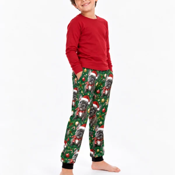 Side view of kids Christmas pajama pants with French bulldog faces in Santa hats and scarves — MyDogPics