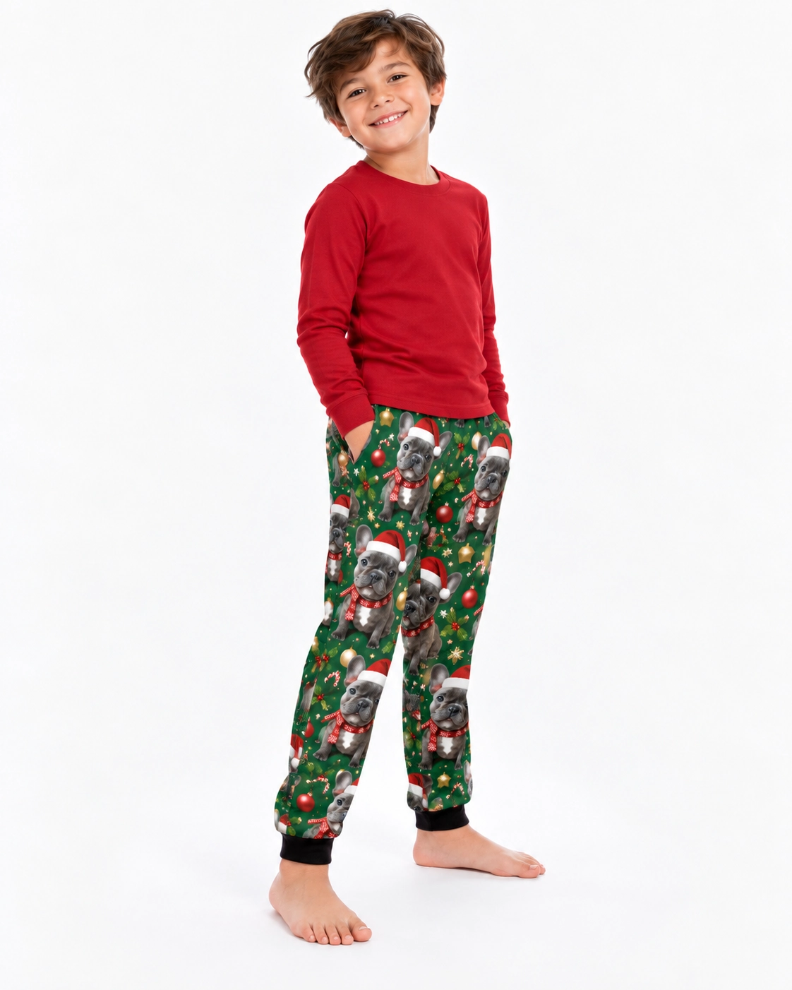 Kids Christmas Pajama Pants – Side View | MyDogPics Side view of kids Christmas pajama pants with French bulldog faces in Santa hats and scarves — MyDogPics