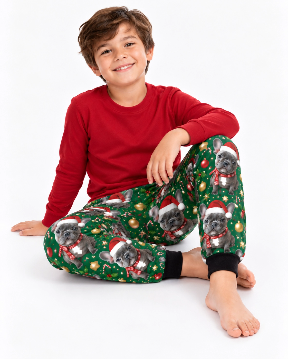 Kids Christmas Pajama Pants – Sitting | MyDogPics Boy sitting in kids Christmas pajama pants covered in French bulldog faces in Santa hats and scarves — MyDogPics