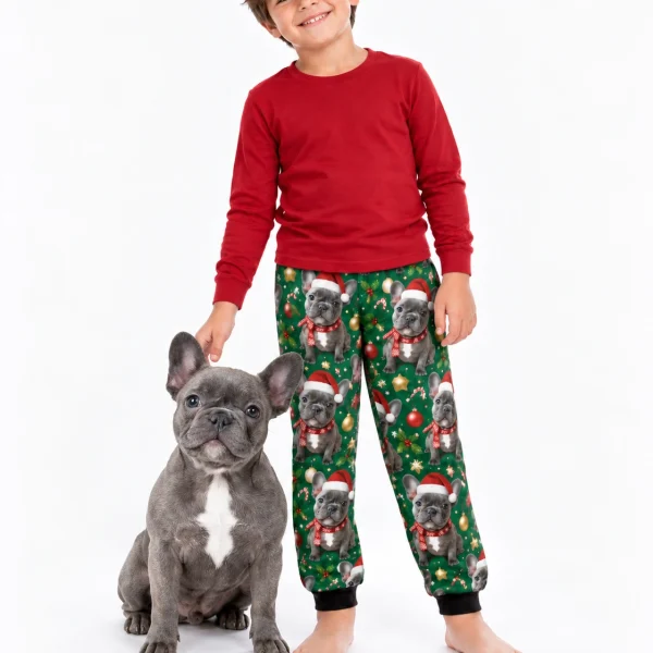 Boy in kids Christmas pajama pants standing next to his French bulldog — MyDogPics
