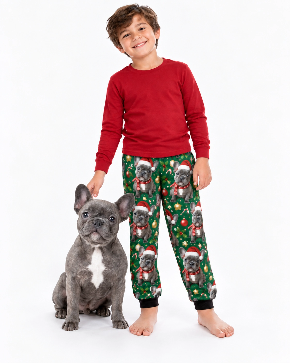 Kids Christmas Pajama Pants – With Dog | MyDogPics Boy in kids Christmas pajama pants standing next to his French bulldog — MyDogPics
