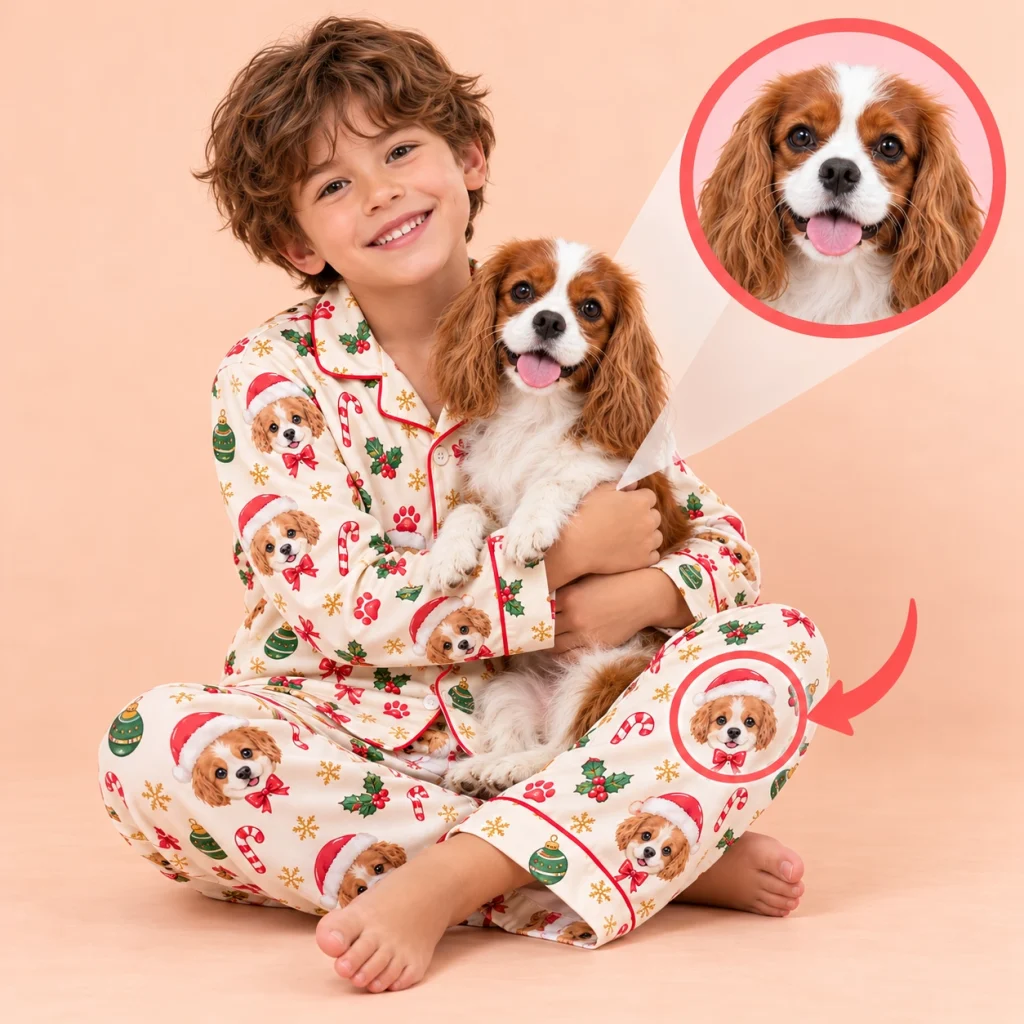 Kids Christmas pajamas example: a Cavalier King Charles spaniel photo turned into the all-over face print — MyDogPics