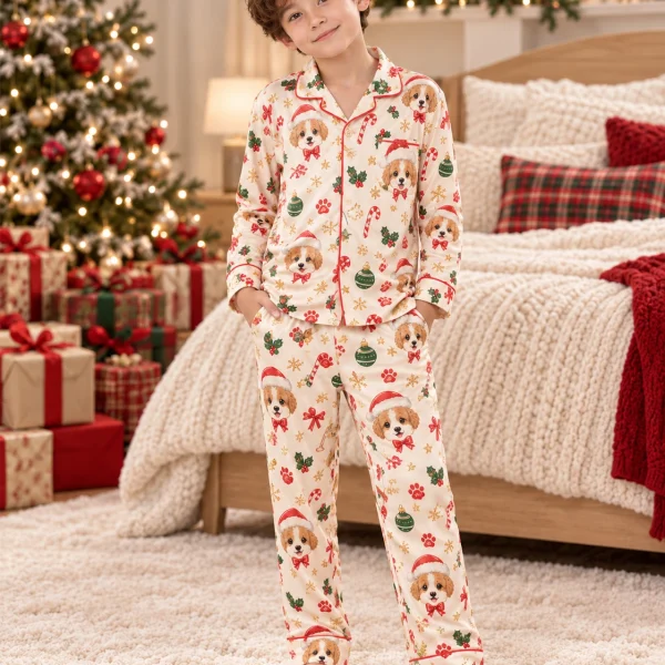 Child wearing kids Christmas pajamas covered in Cavalier King Charles spaniel faces in Santa hats — MyDogPics