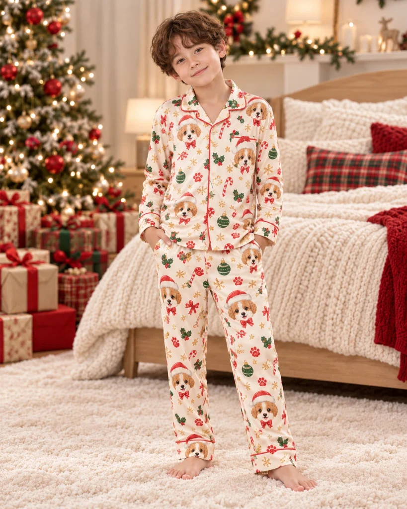 Child wearing kids Christmas pajamas covered in Cavalier King Charles spaniel faces in Santa hats — MyDogPics