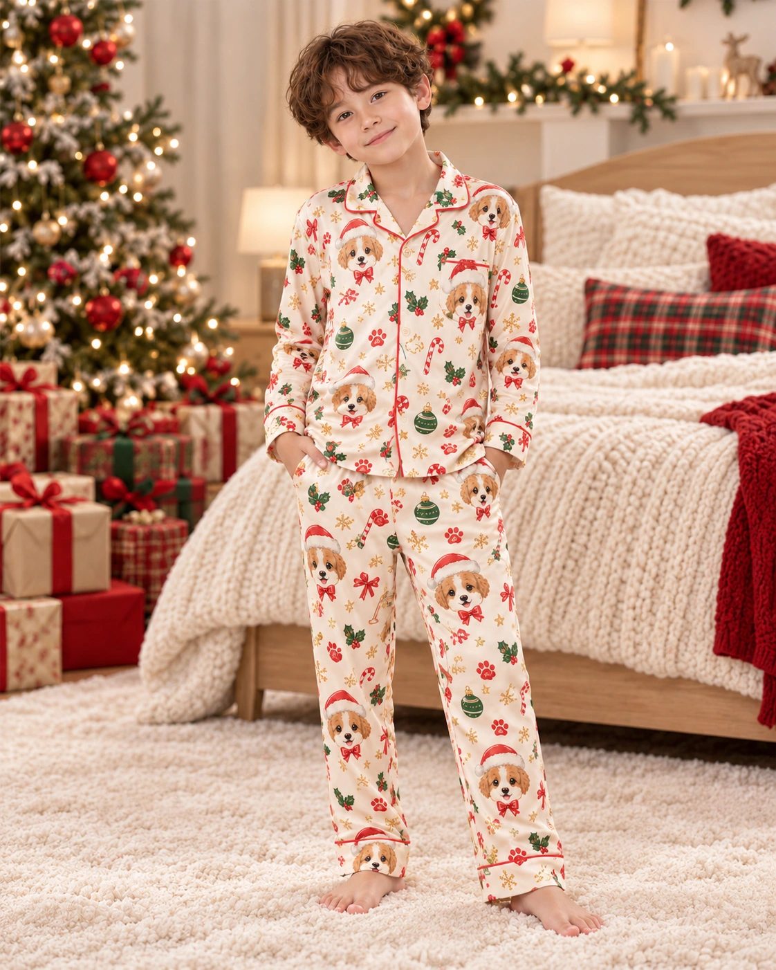 Kids Christmas Pajamas – Front View | MyDogPics Child wearing kids Christmas pajamas covered in Cavalier King Charles spaniel faces in Santa hats — MyDogPics