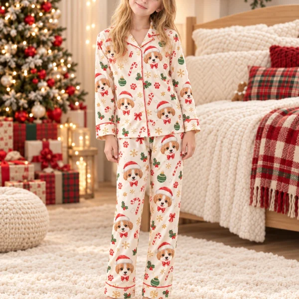 Child wearing kids Christmas pajamas covered in Cavalier King Charles spaniel faces in Santa hats — MyDogPics