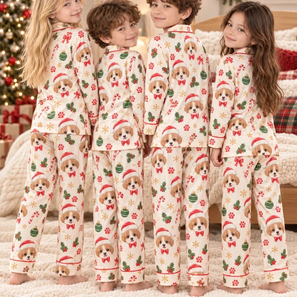 Kids in matching kids Christmas pajamas with Cavalier King Charles spaniel faces in Santa hats — MyDogPics