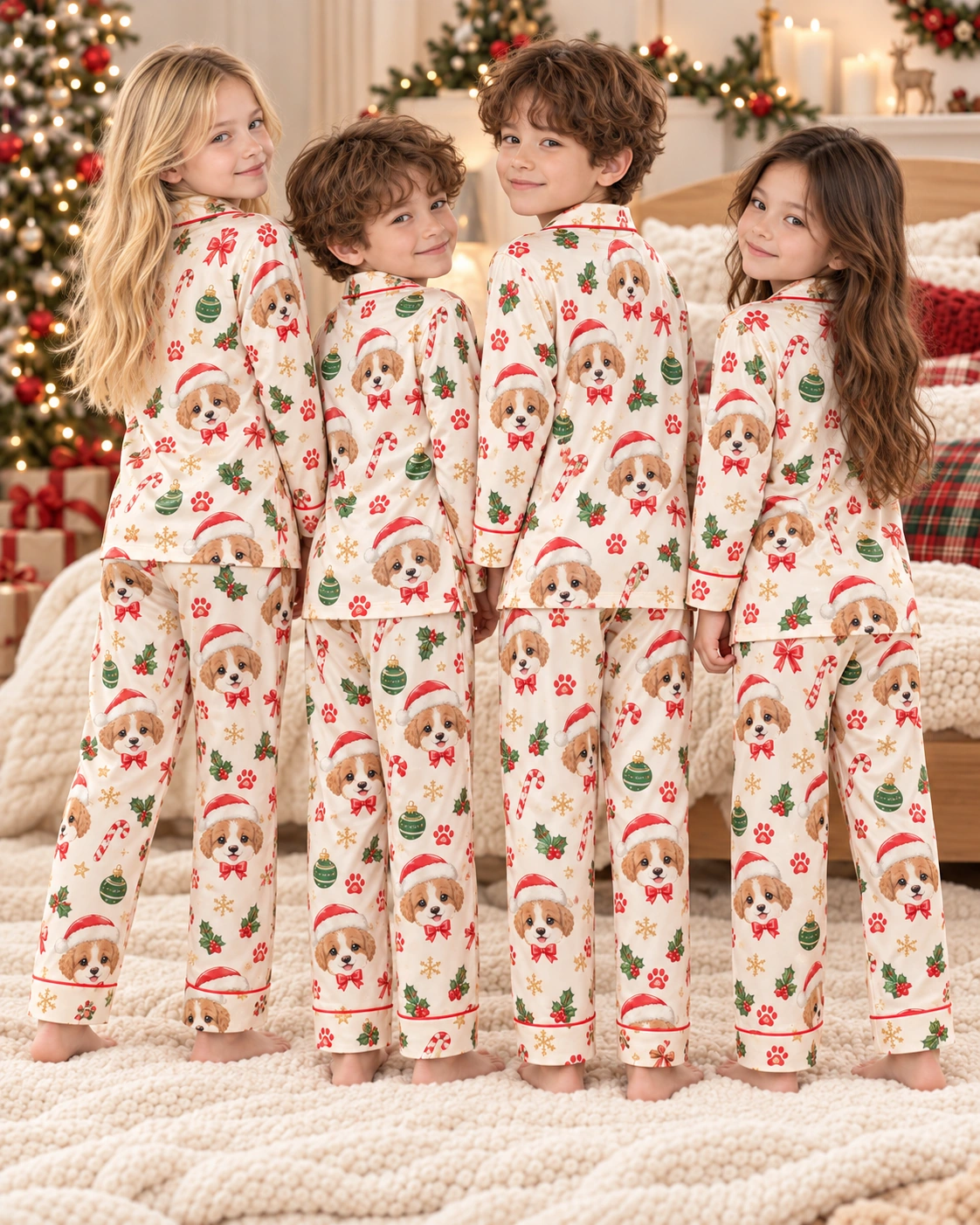 Kids Christmas Pajamas – Kids Group | MyDogPics Kids in matching kids Christmas pajamas with Cavalier King Charles spaniel faces in Santa hats — MyDogPics