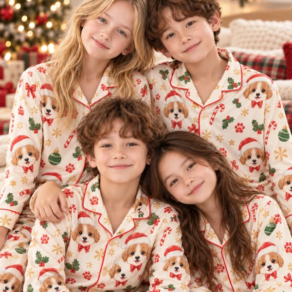 Kids in matching kids Christmas pajamas with Cavalier King Charles spaniel faces in Santa hats — MyDogPics