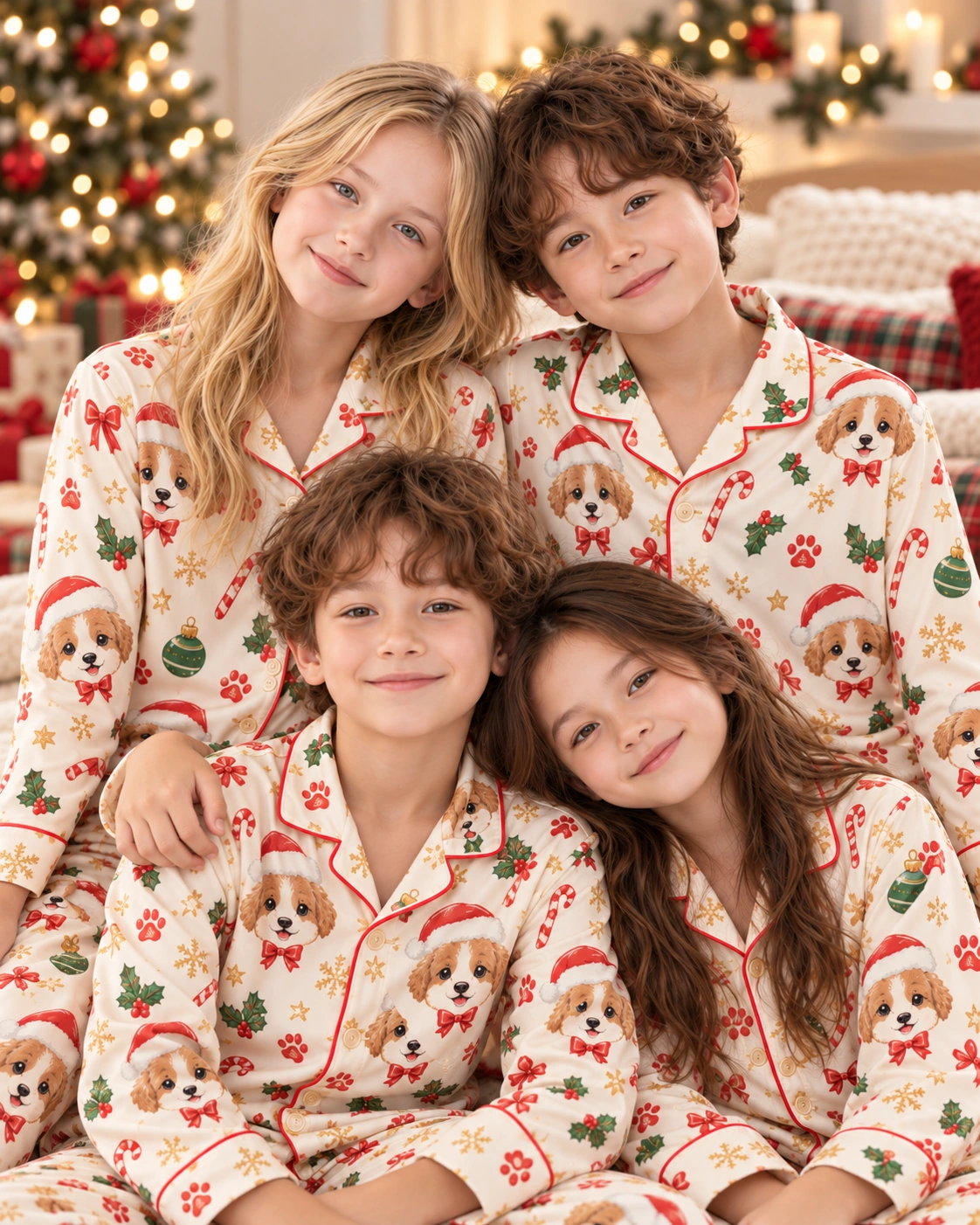 Kids Christmas Pajamas – Kids Group | MyDogPics Kids in matching kids Christmas pajamas with Cavalier King Charles spaniel faces in Santa hats — MyDogPics