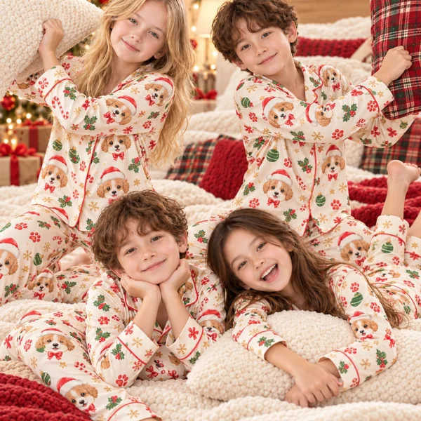Kids in matching kids Christmas pajamas with Cavalier King Charles spaniel faces in Santa hats — MyDogPics