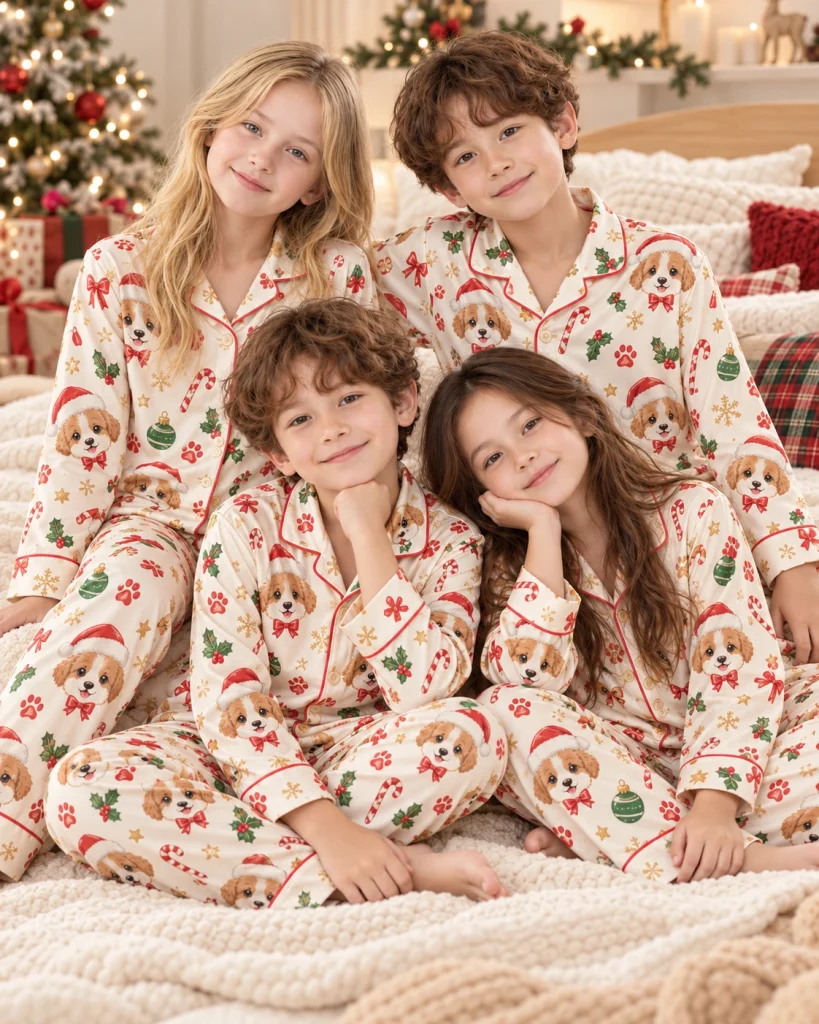Kids in matching kids Christmas pajamas with Cavalier King Charles spaniel faces in Santa hats — MyDogPics