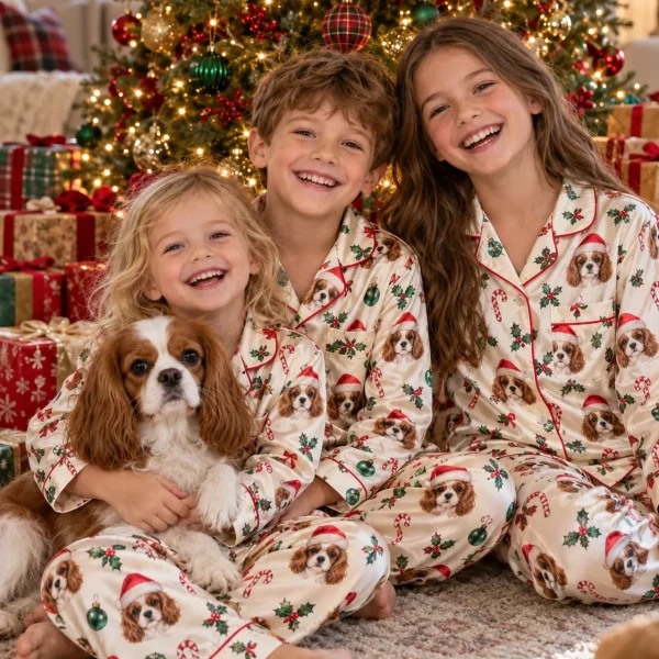 Three kids in cream Christmas pajamas by the tree with their Cavalier King Charles spaniel — MyDogPics