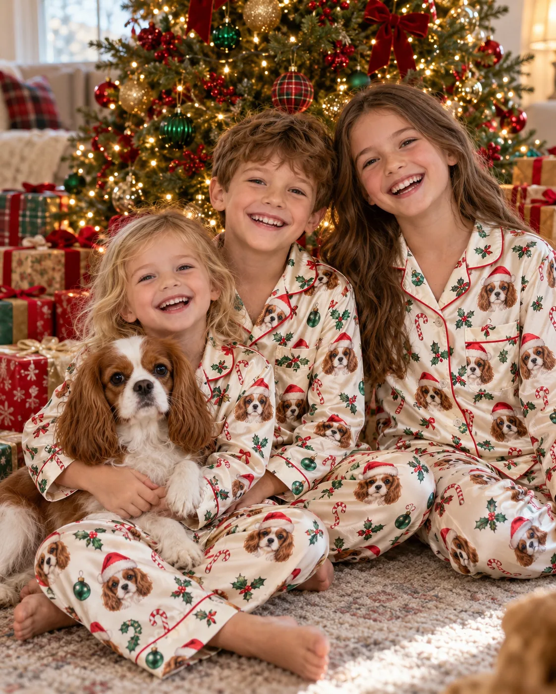 Kids Christmas Pajamas by the Tree With Their Cavalier | MyDogPics Three kids in cream Christmas pajamas by the tree with their Cavalier King Charles spaniel — MyDogPics