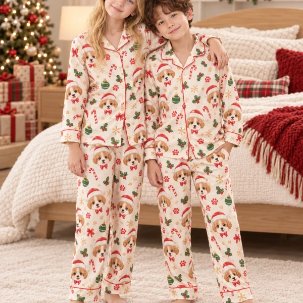 Two kids in kids Christmas pajamas with Cavalier King Charles spaniel faces in Santa hats — MyDogPics