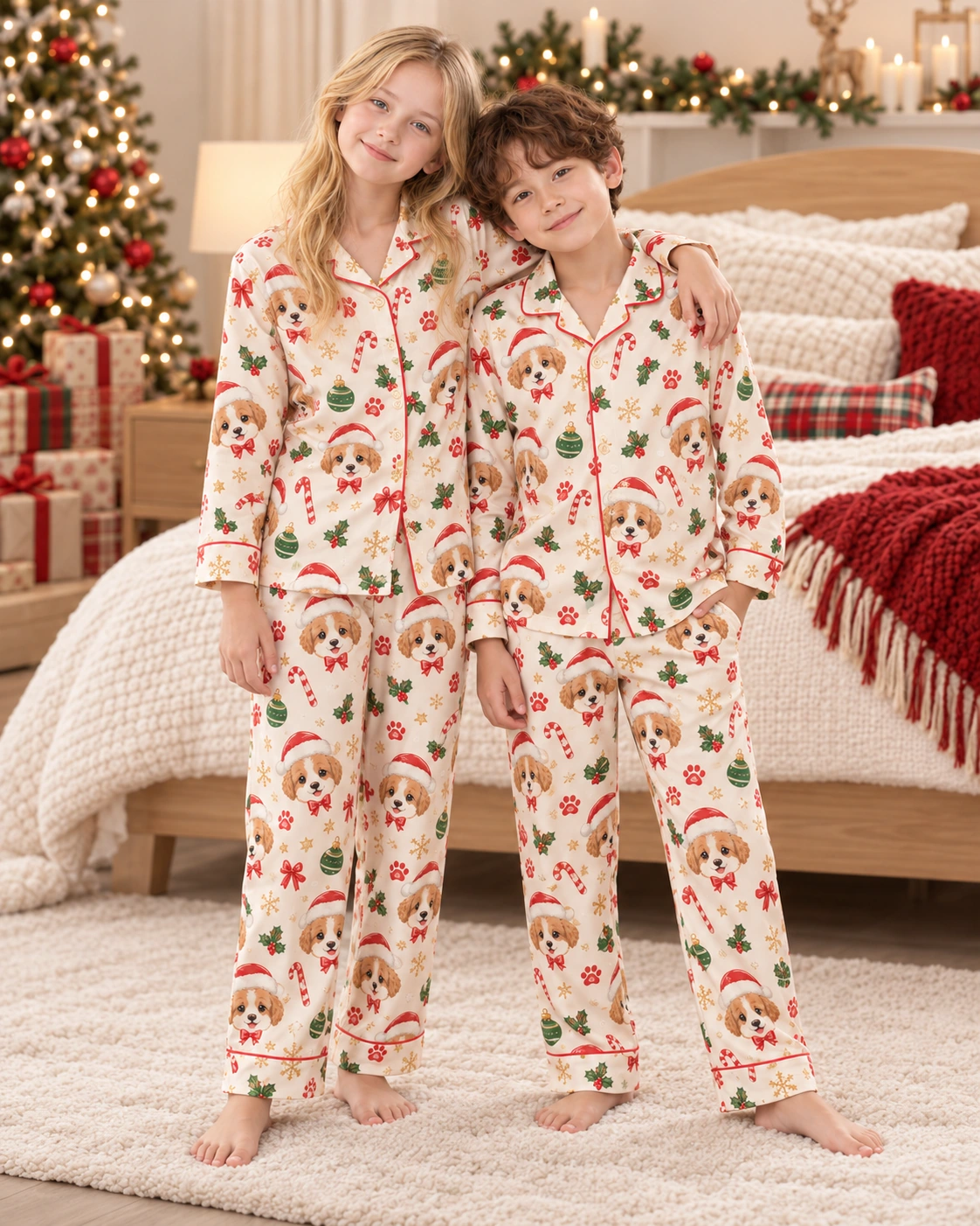 Kids Christmas Pajamas – Two Kids | MyDogPics Two kids in kids Christmas pajamas with Cavalier King Charles spaniel faces in Santa hats — MyDogPics