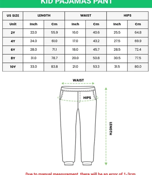 Kids pajama pants size chart (2Y–10Y) in inches and cm — MyDogPics