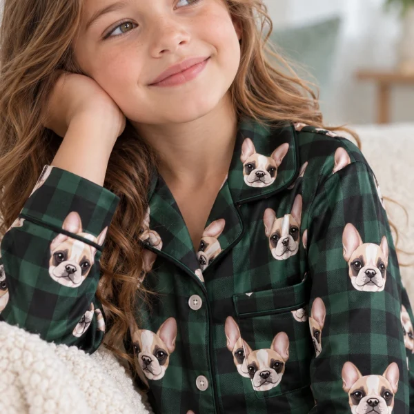 Close-up of the kids plaid pajamas print: cream French bulldog faces on green plaid satin — MyDogPics