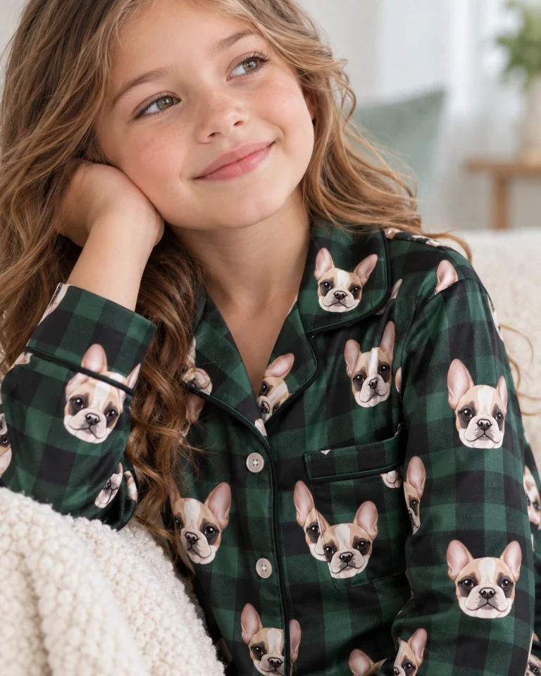 Close-up of the kids plaid pajamas print: cream French bulldog faces on green plaid satin — MyDogPics