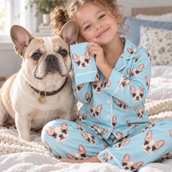Girl in kids plaid pajamas cuddling her French bulldog — MyDogPics