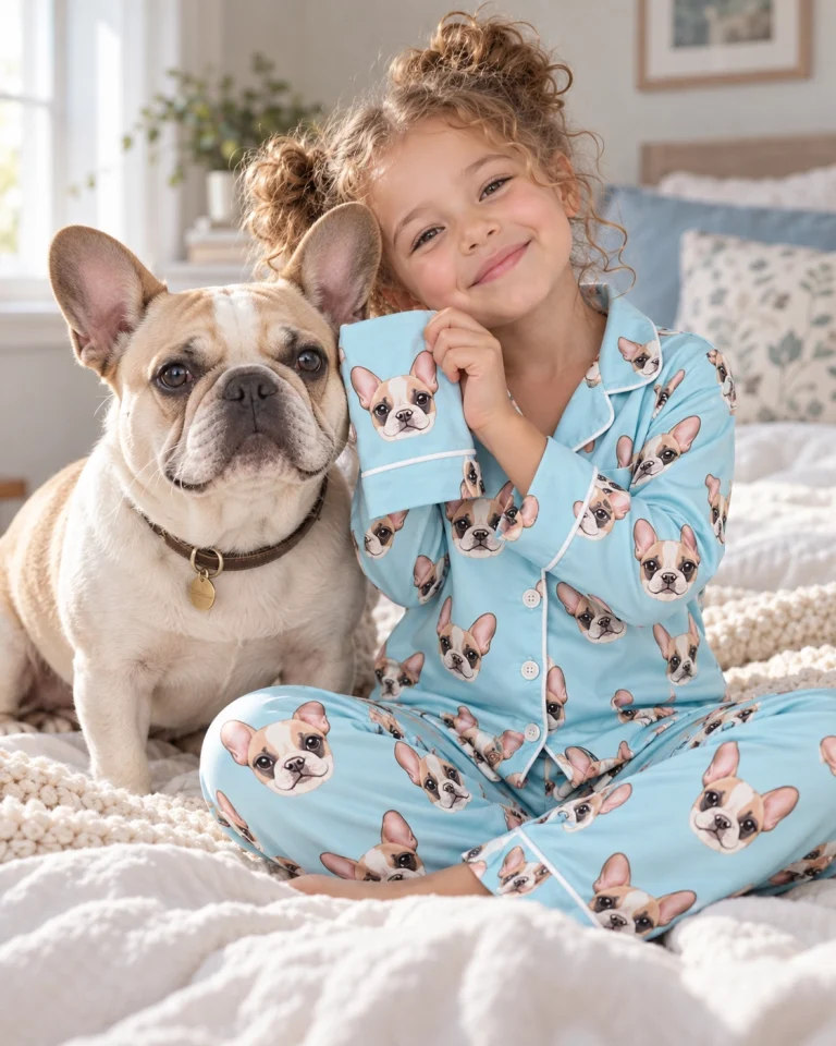 Girl in kids plaid pajamas cuddling her French bulldog — MyDogPics