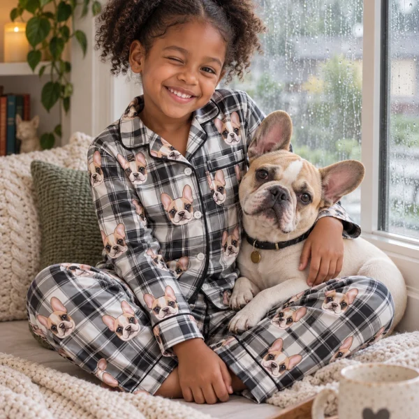 Girl in kids plaid pajamas cuddling her French bulldog — MyDogPics
