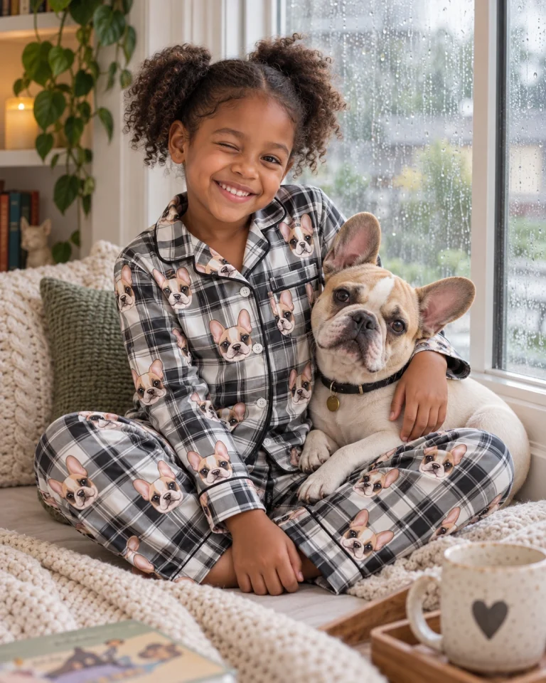 Girl in kids plaid pajamas cuddling her French bulldog — MyDogPics