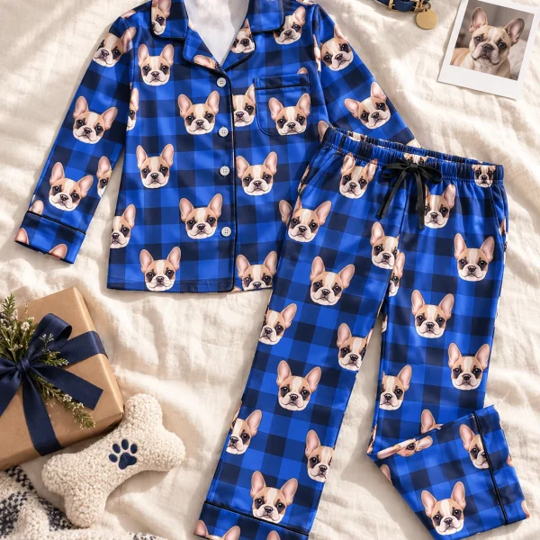 Flat lay of kids plaid pajamas: shirt and pants covered in cream French bulldog faces — MyDogPics