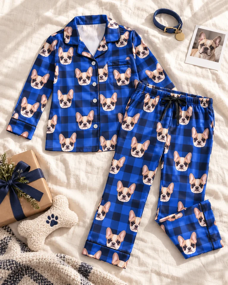 Flat lay of kids plaid pajamas: shirt and pants covered in cream French bulldog faces — MyDogPics