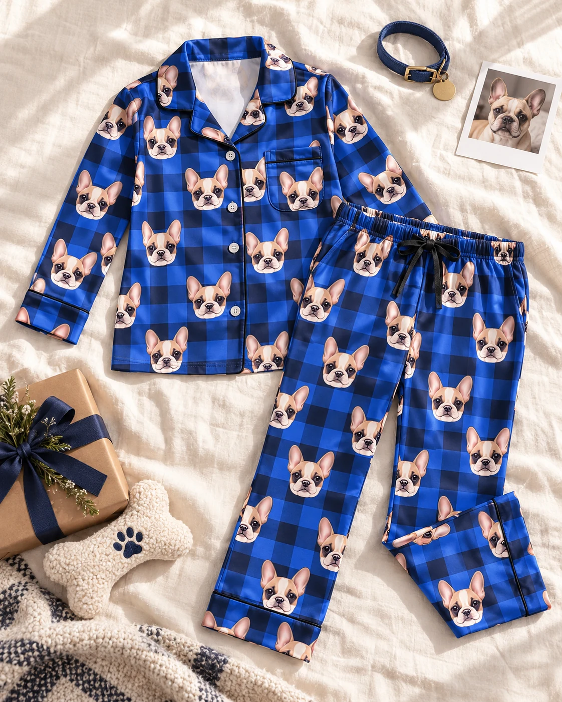 Kids Plaid Pajamas – Flat Lay, Blue Plaid | MyDogPics Flat lay of kids plaid pajamas: shirt and pants covered in cream French bulldog faces — MyDogPics