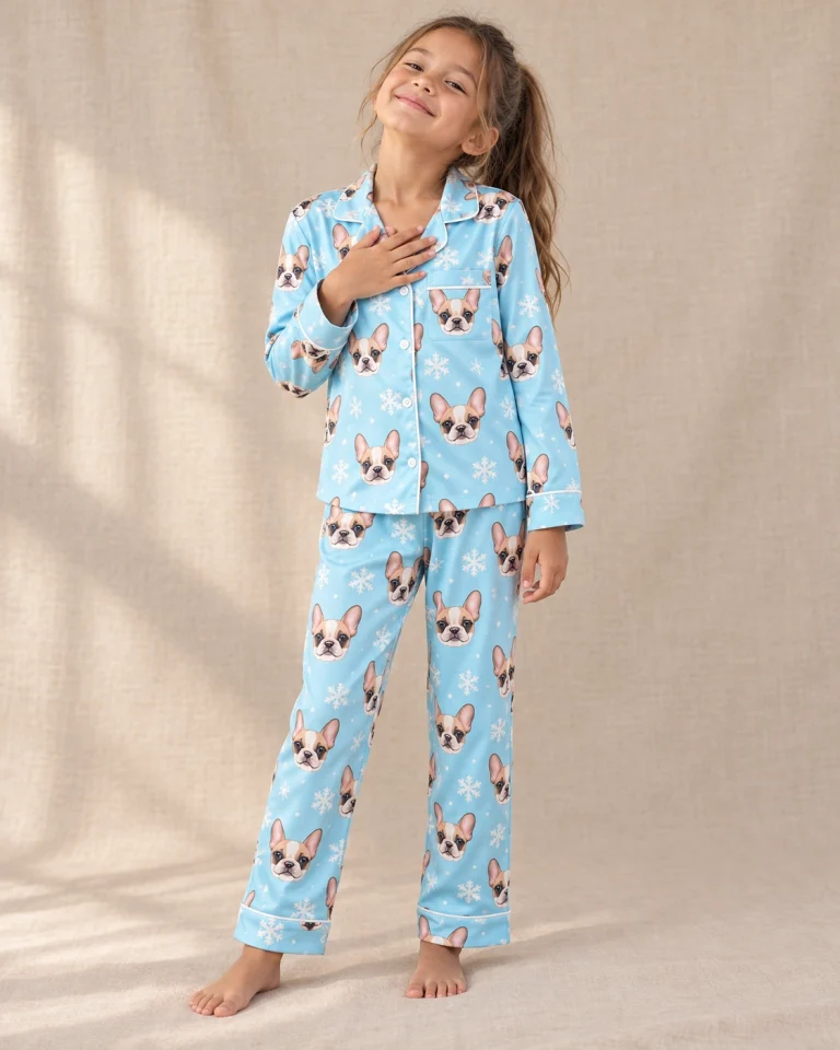 Girl wearing kids plaid pajamas covered in cream French bulldog faces on blue snowflake satin — MyDogPics